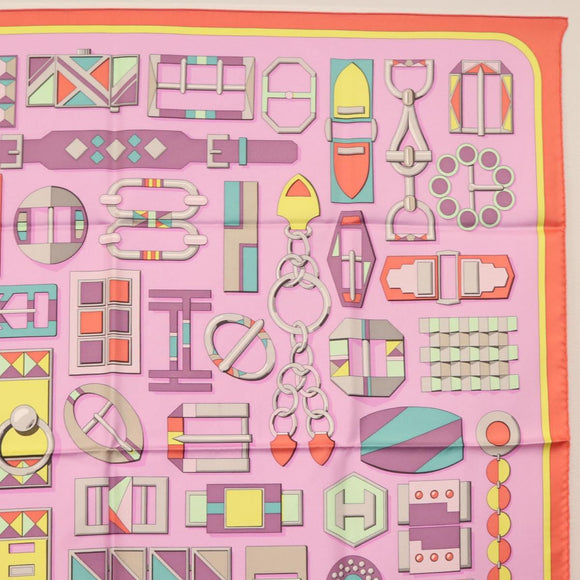 HERMES Carre 90 Scarf ""EN BOUCLES"" Silk Pink Auth 148481