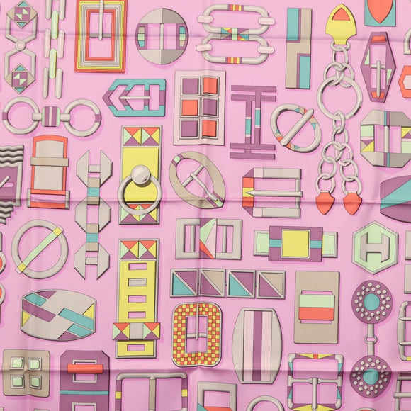 HERMES Carre 90 Scarf ""EN BOUCLES"" Silk Pink Auth 148481