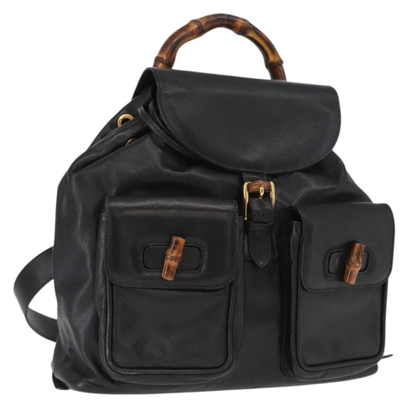 GUCCI Bamboo Backpack Leather Black Gold Auth 148533