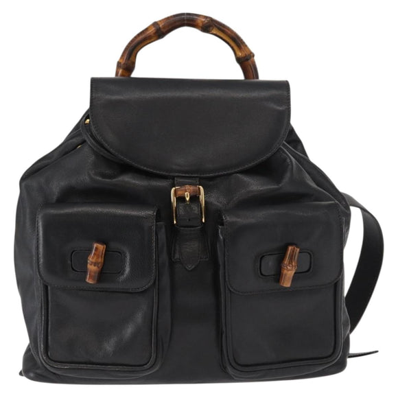 GUCCI Bamboo Backpack Leather Black Gold Auth 148533