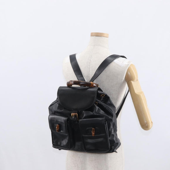 GUCCI Bamboo Backpack Leather Black Gold Auth 148533