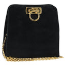 Salvatore Ferragamo Chain Gancini Shoulder Bag Suede Black Gold Auth 148567-1