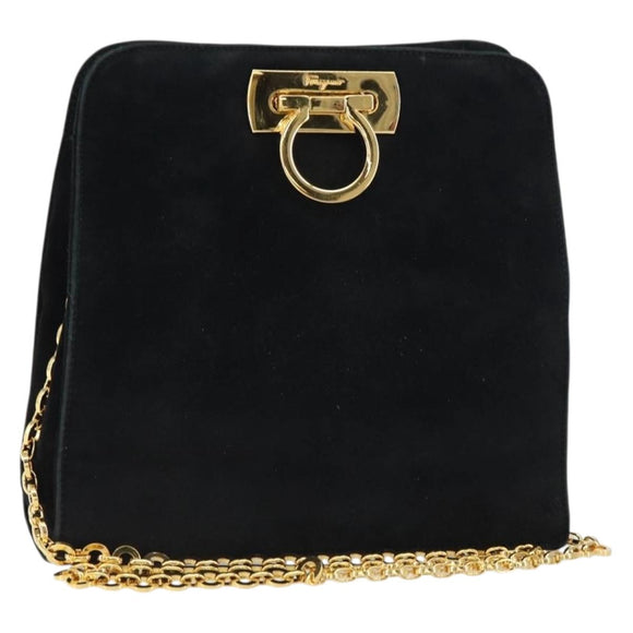 Salvatore Ferragamo Chain Gancini Shoulder Bag Suede Black Gold Auth 148567