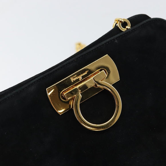 Salvatore Ferragamo Chain Gancini Shoulder Bag Suede Black Gold Auth 148567