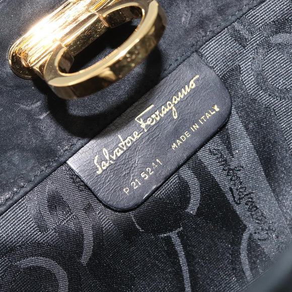 Salvatore Ferragamo Chain Gancini Shoulder Bag Suede Black Gold Auth 148567