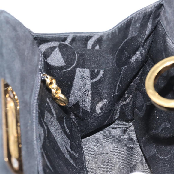 Salvatore Ferragamo Chain Gancini Shoulder Bag Suede Black Gold Auth 148567