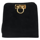Salvatore Ferragamo Chain Gancini Shoulder Bag Suede Black Gold Auth 148567-2