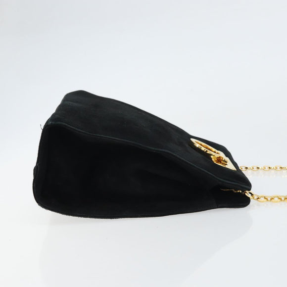 Salvatore Ferragamo Chain Gancini Shoulder Bag Suede Black Gold Auth 148567