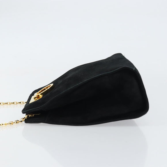 Salvatore Ferragamo Chain Gancini Shoulder Bag Suede Black Gold Auth 148567