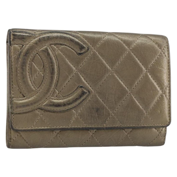 CHANEL Cambon Line Wallet Lamb Skin Brown CC Auth 148574A