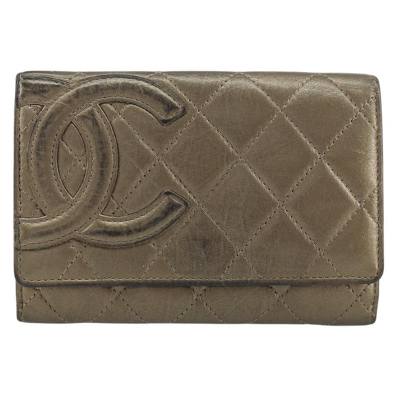 CHANEL Cambon Line Wallet Lamb Skin Brown CC Auth 148574A