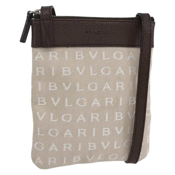 BVLGARI Logo Mania Shoulder Bag Canvas Beige Silver Auth 148587V