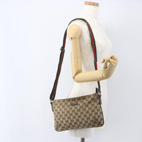 GUCCI GG Canvas Web Sherry Line Shoulder Bag Beige Silver 189749 Auth 148588