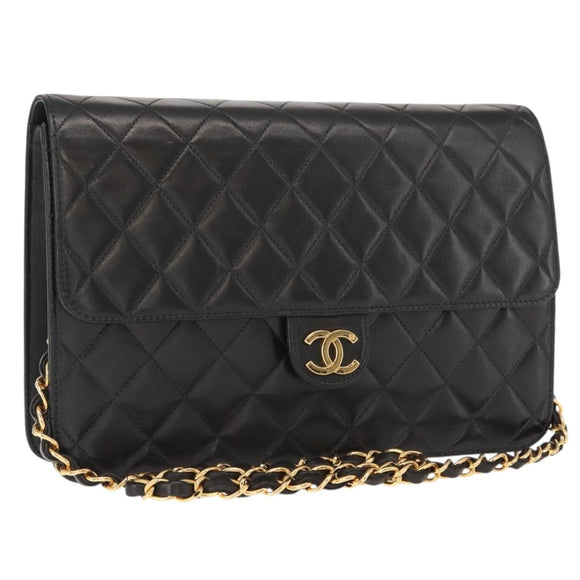 CHANEL Matelasse 25 Chain Shoulder Bag Lamb Skin Black Gold CC Auth 148589SM