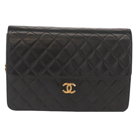 CHANEL Matelasse 25 Chain Shoulder Bag Lamb Skin Black Gold CC Auth 148589SM