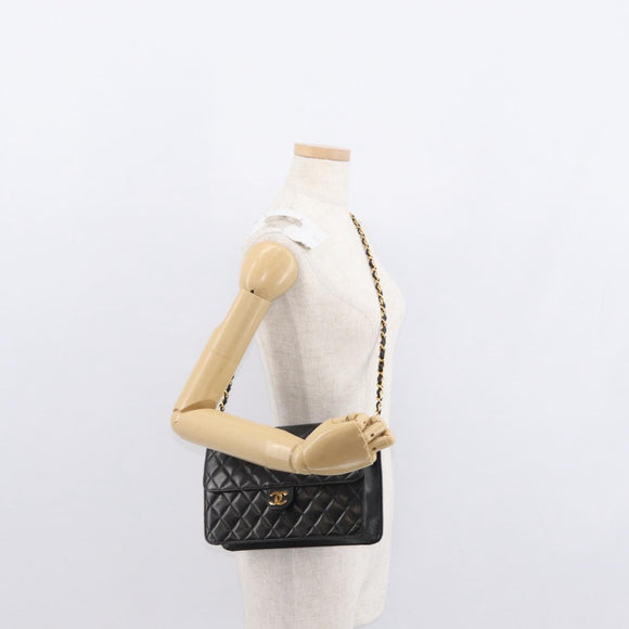 CHANEL Matelasse 25 Chain Shoulder Bag Lamb Skin Black Gold CC Auth 148589SM