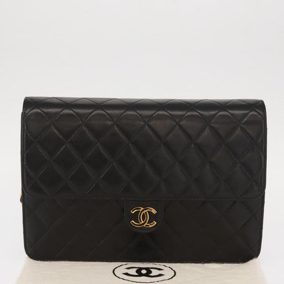 CHANEL Matelasse 25 Chain Shoulder Bag Lamb Skin Black Gold CC Auth 148589SM