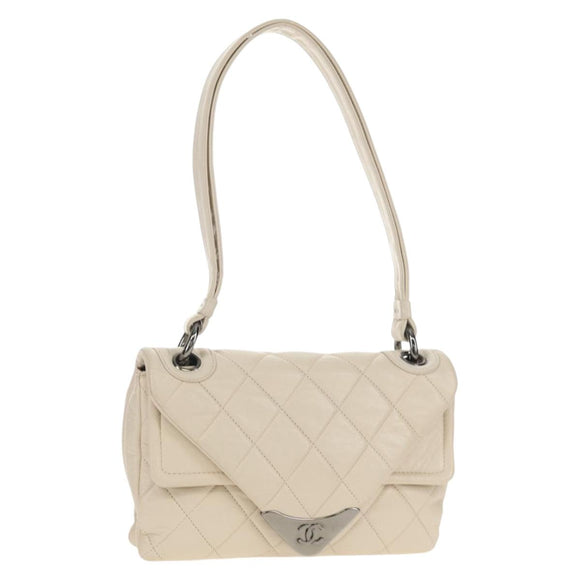 CHANEL Shoulder Bag Lamb Skin White Silver CC Auth 148619AV