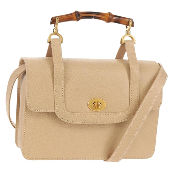 GUCCI Bamboo Hand Bag Leather 2way Beige Gold Auth 148621V