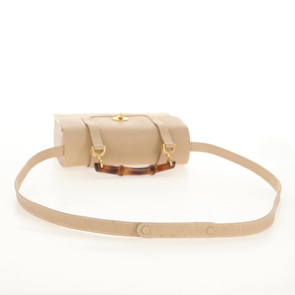 GUCCI Bamboo Hand Bag Leather 2way Beige Gold Auth 148621V