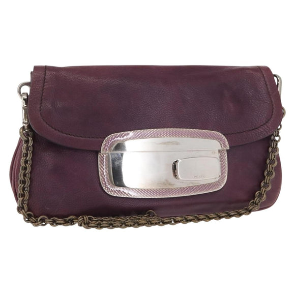 PRADA Chain Pouch Leather Silver Purple Auth 148623V