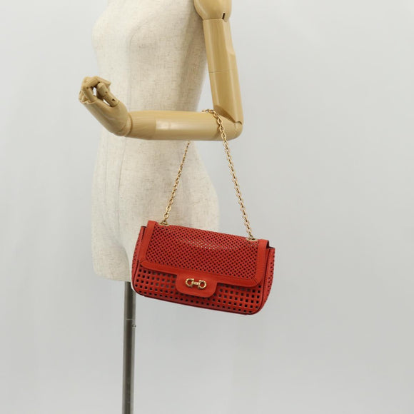 Salvatore Ferragamo Chain Shoulder Bag Leather Red Gold Auth 148629V