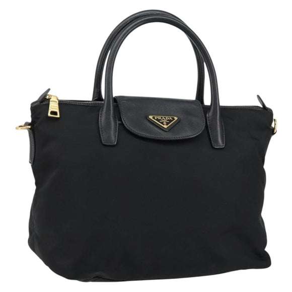 PRADA Hand Bag Nylon Black Gold Auth 148636