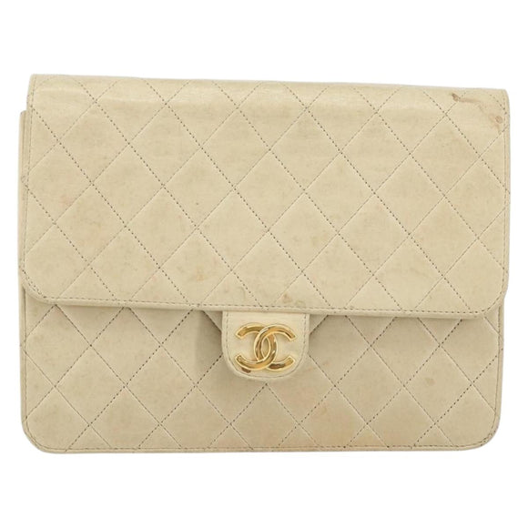 CHANEL Chain Shoulder Bag Lamb Skin Beige Gold CC Auth 148650