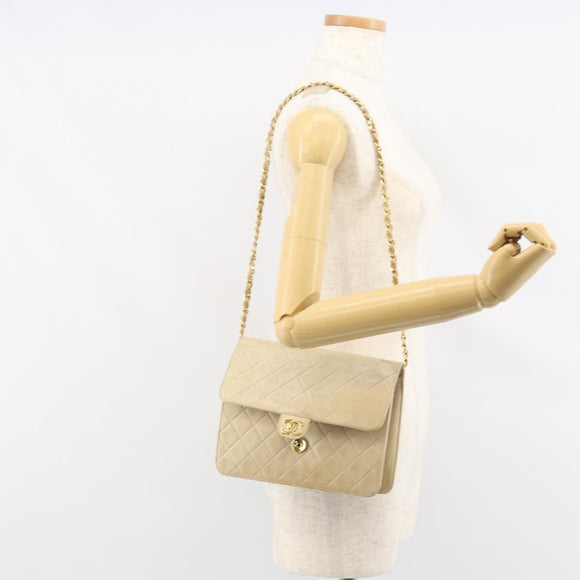 CHANEL Chain Shoulder Bag Lamb Skin Beige Gold CC Auth 148650