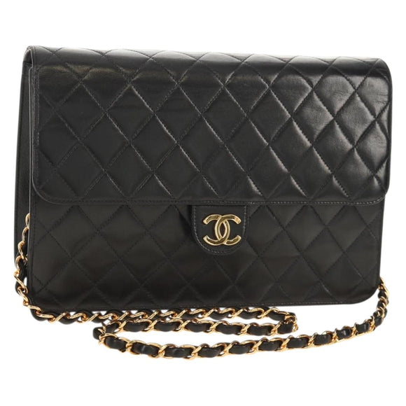 CHANEL Chain Shoulder Bag Lamb Skin Black Gold CC Auth 148654SAM