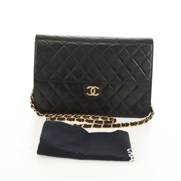 CHANEL Chain Shoulder Bag Lamb Skin Black Gold CC Auth 148654SAM
