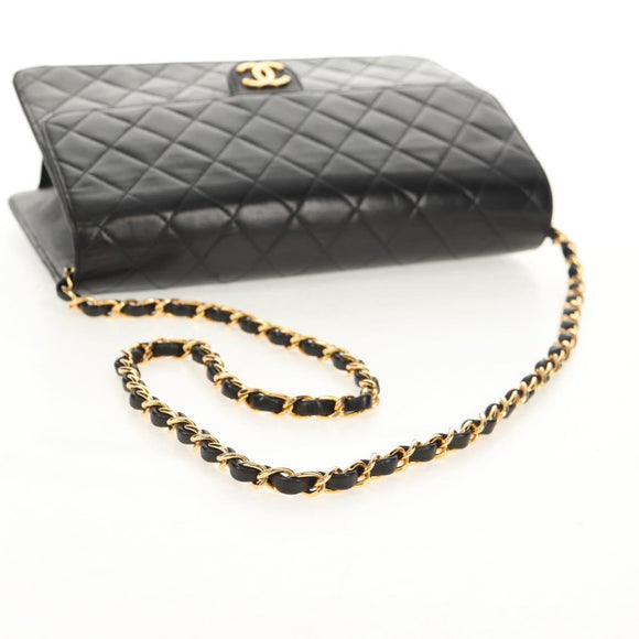 CHANEL Chain Shoulder Bag Lamb Skin Black Gold CC Auth 148654AM