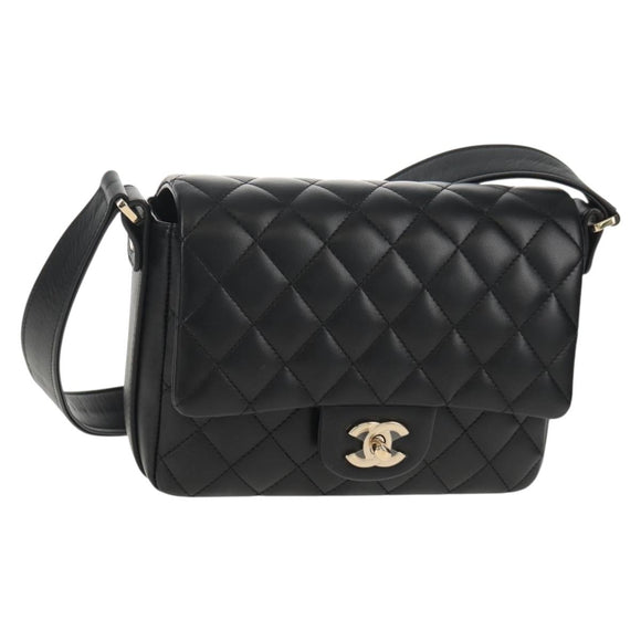 CHANEL Shoulder Bag Lamb Skin Black Gold CC Auth 148655SM