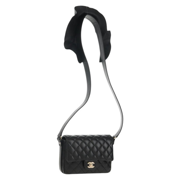 CHANEL Shoulder Bag Lamb Skin Black Gold CC Auth 148655SM