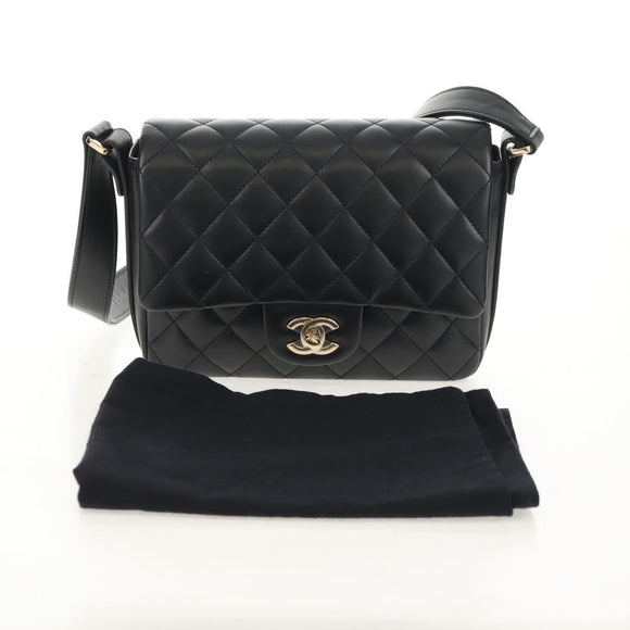 CHANEL Shoulder Bag Lamb Skin Black Gold CC Auth 148655SM