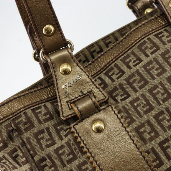 FENDI Zucchino Canvas Hand Bag Beige Black gold Auth 148659