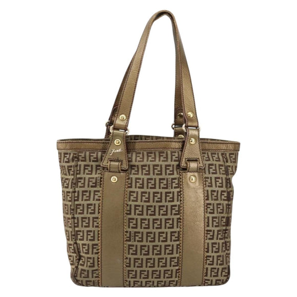 FENDI Zucchino Canvas Hand Bag Beige Black gold Auth 148659
