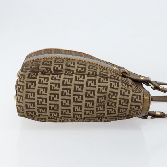FENDI Zucchino Canvas Hand Bag Beige Black gold Auth 148659