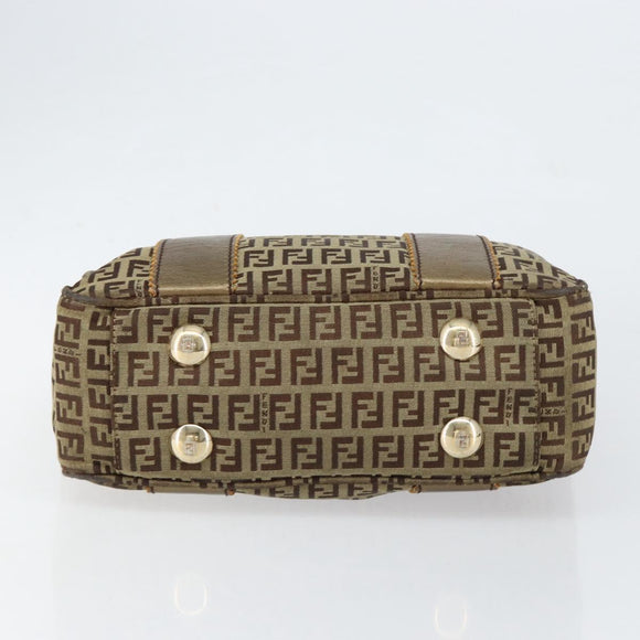 FENDI Zucchino Canvas Hand Bag Beige Black gold Auth 148659