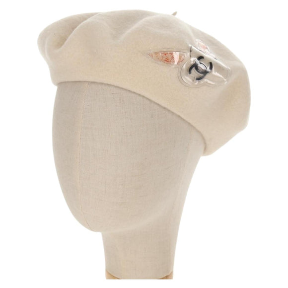 CHANEL Camellia Beret Cap Wool Cream CC Auth 148661M