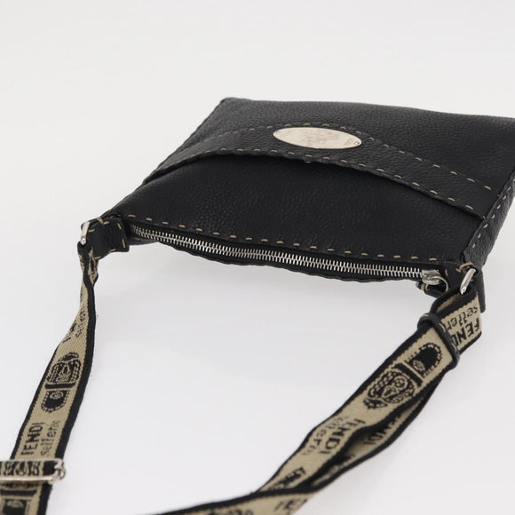 FENDI Shoulder Bag Leather Black Silver Auth 148664
