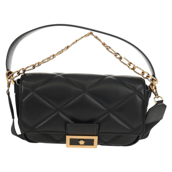 VERSACE Shoulder Bag Leather Black Gold Auth 148667V