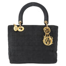 Christian Dior Canage Lady Dior Hand Bag Nylon Black Gold Auth 148681-2