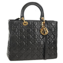Christian Dior Canage Lady Dior Hand Bag Lamb Skin 2way Black Gold Auth 148689V-1