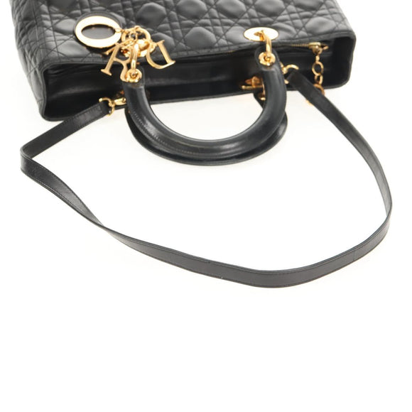 Christian Dior Canage Lady Dior Hand Bag Lamb Skin 2way Black Gold Auth 148689V