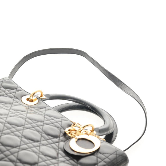 Christian Dior Canage Lady Dior Hand Bag Lamb Skin 2way Black Gold Auth 148689V