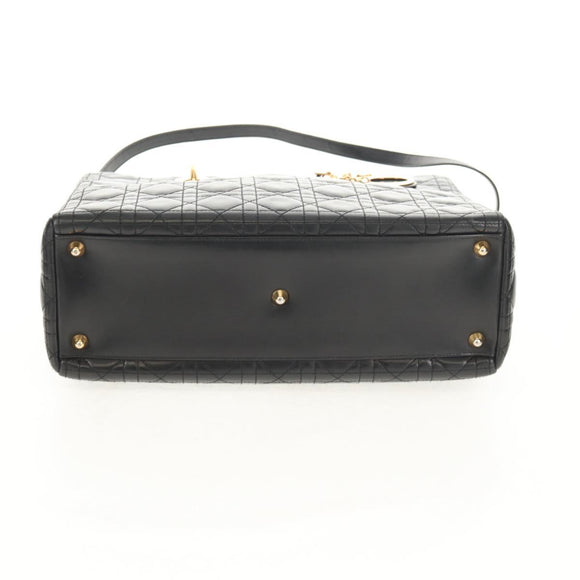 Christian Dior Canage Lady Dior Hand Bag Lamb Skin 2way Black Gold Auth 148689V