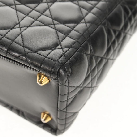 Christian Dior Canage Lady Dior Hand Bag Lamb Skin 2way Black Gold Auth 148689V