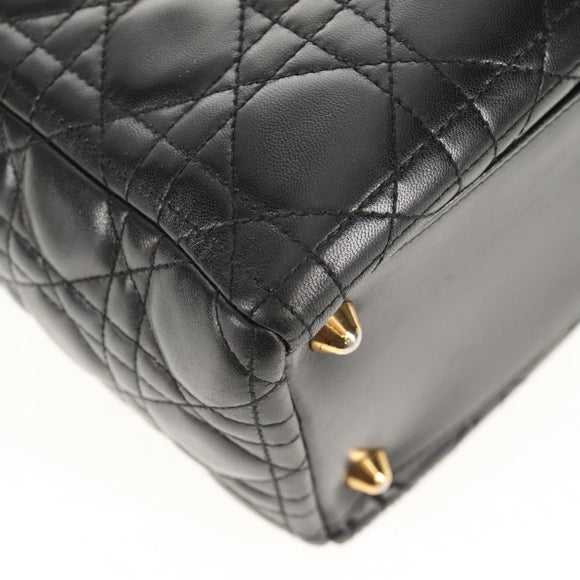 Christian Dior Canage Lady Dior Hand Bag Lamb Skin 2way Black Gold Auth 148689V