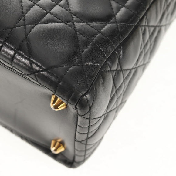 Christian Dior Canage Lady Dior Hand Bag Lamb Skin 2way Black Gold Auth 148689V